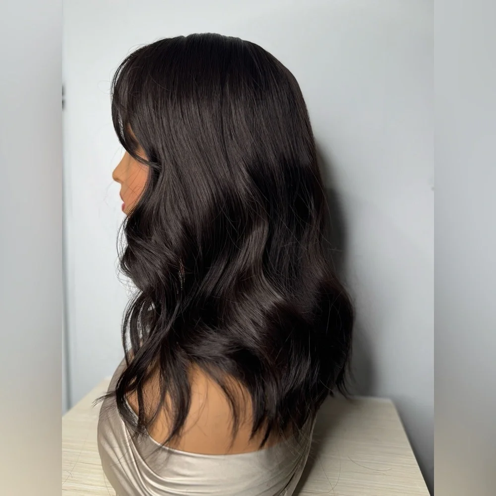 14” Dark Brown Wavy Synthetic Wig with Bangs – Natural Look, Classic Cap